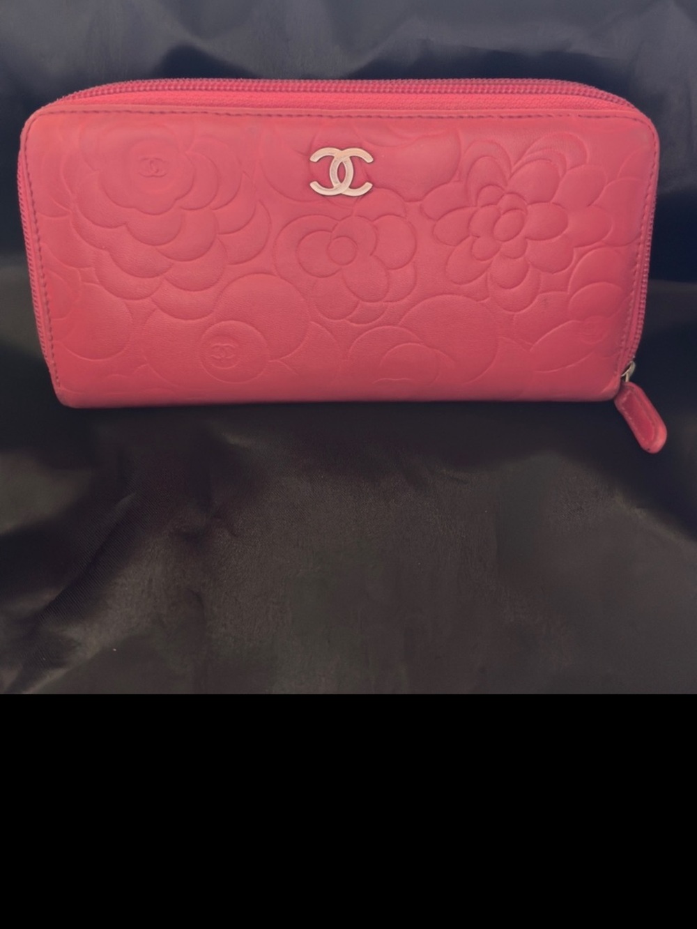 CHANEL Pink Camellia Quilted Zip Wallet with Silver CC